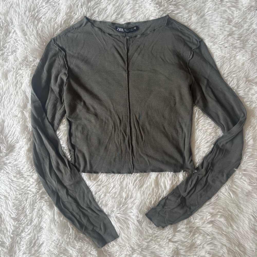 ZARA Olive Green/Gray Long Sleeve Crop Top